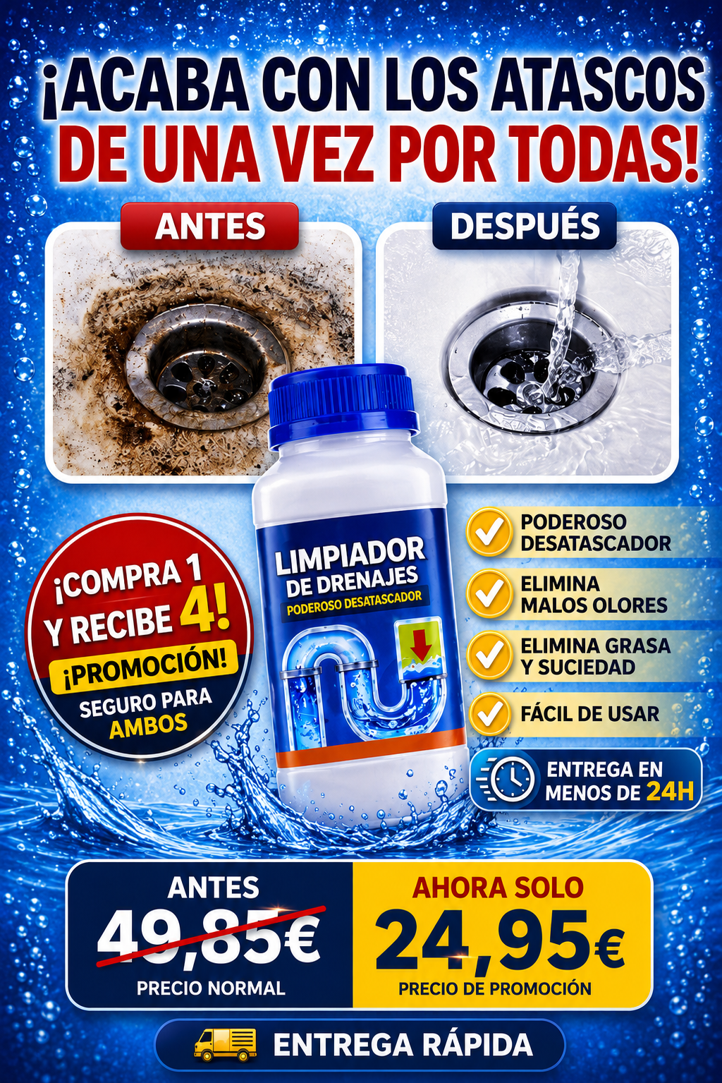 🔥 EL DESATASCADOR MÁS POTENTE DEL MOMENTO. 💥 ¡Llévate 4 por el Precio de 1!  🚨 PROMOCIÓN SOLO HOY 🚨